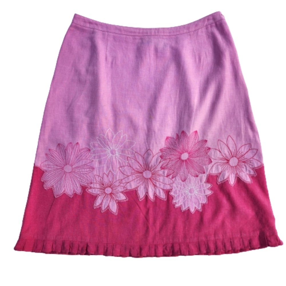 Linen Rayon R-Q-T Floral Embroidered Pink Barbiecore Pleated Ruffle Skirt ♥️